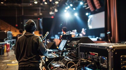 A sound engineer working at a soundboard during a concert.