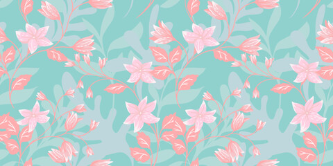 Pastel creative wild floral stems intertwined in a seamless pattern. Artistic, abstract branches with ditsy flowers, bells and tiny leaves, shapes printing. Vector hand drawn. Template for designs