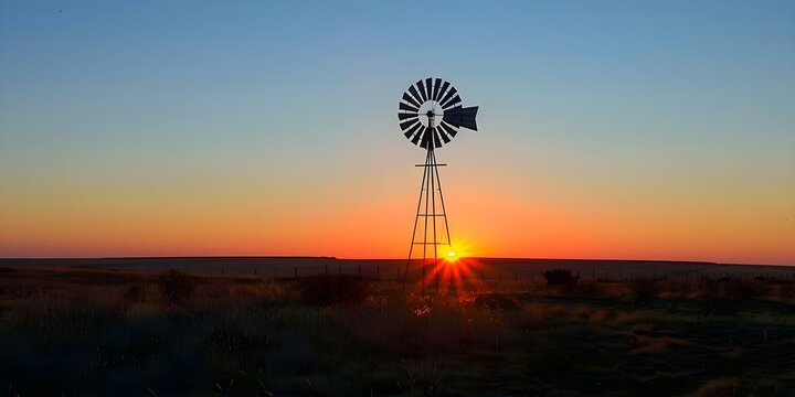 Sunrise Windmill. Concept Rural Landscape, Morning Light, Wind Power, Agricultural Scene, Countryside Beauty