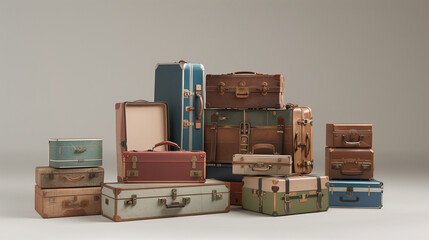 suitcases on a gray background with copy space