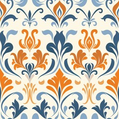Vintage Floral Damask Pattern in Blue and Orange