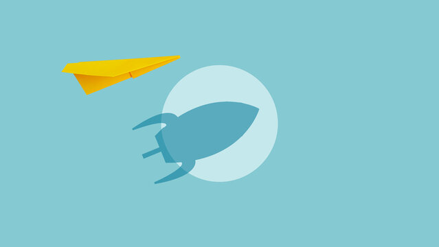 Growth Mindset and Self reflection. Always empower and believe in yourself. Paper plane with shadow of the rocket. Startup Ideas
