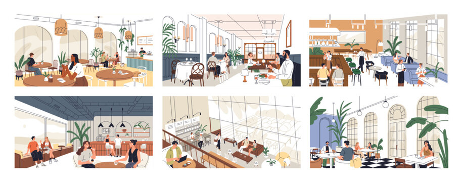 Restaurant and cafe interiors set. People dining at tables, bar counters, cozy coffeehouses. Customers sitting, eating meals in cafeterias, coffeeshops, coffee houses. Flat vector illustrations