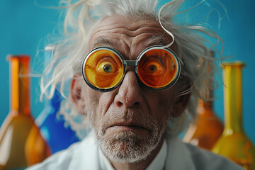 Mad crazy funky scientist in his laboratory with messy hair making research, Generative AI