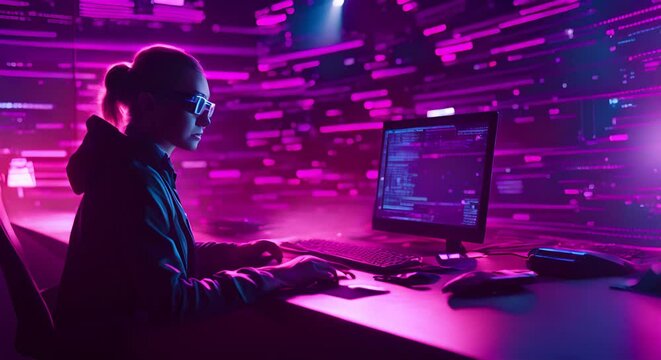 an inteligent people that worked with computer with hologram data background motion video, footage