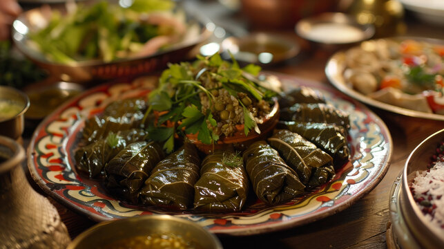 Dolma, a traditional dish from the Caucasus, Turkey, and Greece, is made with grape leaves or vegetables stuffed with rice, spices, and herbs.