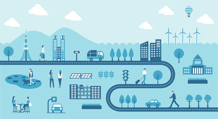 Obraz premium Horizontal banner illustration with the motif of roads and people's lives