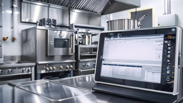 A stainless steel commercial kitchen with a digital display showing data on a countertop. The kitchen is equipped with ovens, stoves, and other appliances.