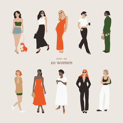 This vector illustration features a stylish collection of 10 women