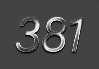 Chrome metal 3D number design of 381 on grey background.	