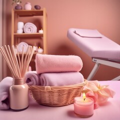 A peaceful hair spa room with soft ambient lighting, a comfortable chair, aromatic diffusers