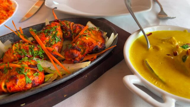 Traditional Indian chicken korma with coconut rice and tandoori chicken tikka with onions on a very hot plate with steam smoke in a restaurant, 4K shot