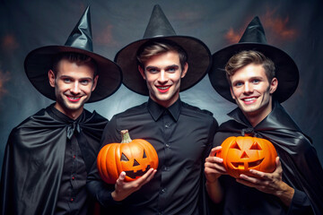 Happy friends in Halloween costumes posing for funny group photo. Cheerful young people dressed carnival costumes having fun together at Halloween party