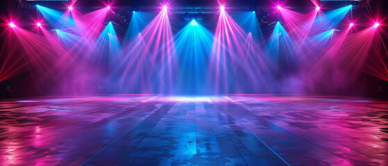 Vibrant stage lights create energetic scene perfect for event advertising