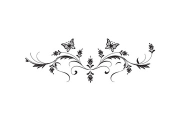 Vintage symmetrical floral ornament with butterfly and flowers for greeting card isolated on white background
