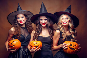 Happy cute woman friends in carnival witch costumes with pumpkin having fun celebrating Halloween. Merry Halloween party