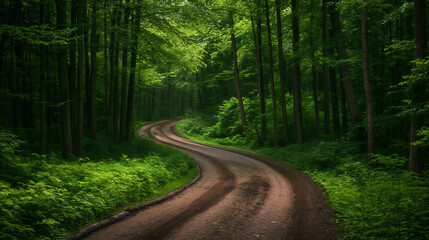 Fototapeta premium A winding dirt road through a lush forest