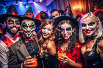 Happy friends in Halloween costumes posing for funny group photo. Cheerful young people dressed carnival costumes having fun together at Halloween party