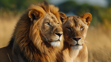 Fototapeta premium Beautiful male and female lions in a natural grassland.