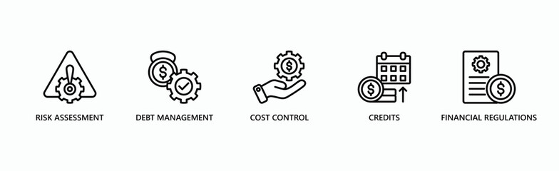 Financial Strategy Banner Web Icon Vector Illustration Concept With Icon Of Risk Assessment, Debt Management, Cost Control, Credits, Financial Regulations