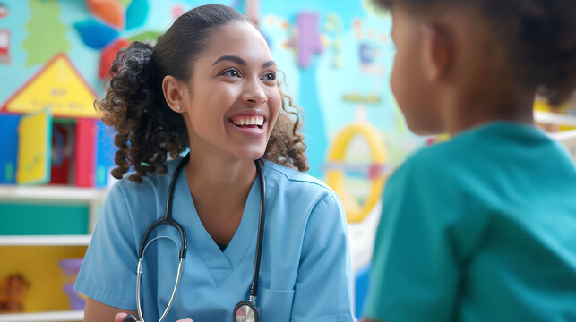 Nurses are talking to children in a playroom at a hospital.