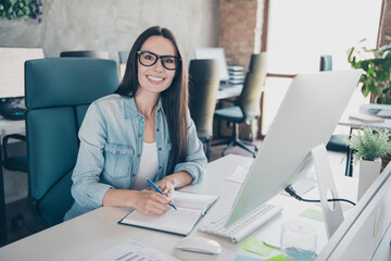 Photo portrait of lovely young lady make notes work computer dressed stylish denim garment modern...