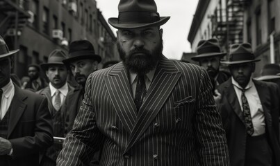 Naklejka premium A man in vintage gangster-style suit and hat stands authoritatively with others in the backdrop.