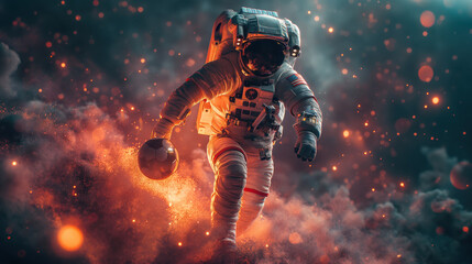 Fototapeta premium Astronaut im Weltraum spielt Fußball
