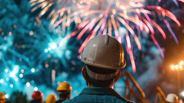 Construction worker watching fireworks display at night.
