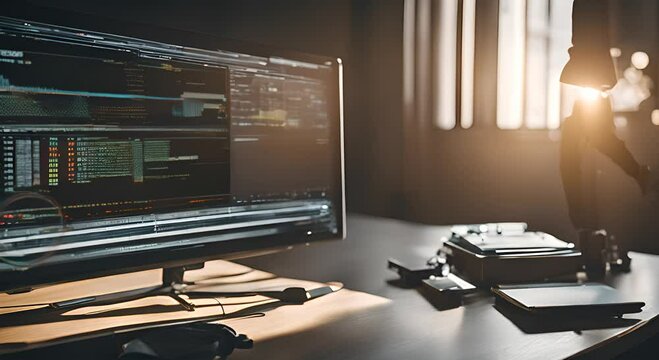 an inteligent people that worked with computer with hologram data background motion video, footage