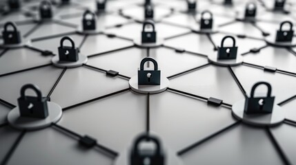 Many locks on a white background. The locks are all different sizes and shapes, a Network of interconnected locks symbolizing cybersecurity and data protection.