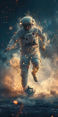 Astronaut im Weltraum spielt Fußball