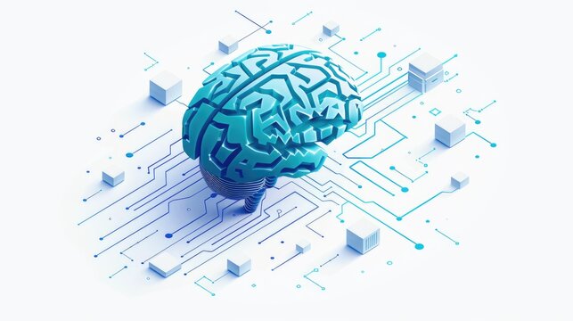 3d render icons of a brain is shown on a white background with a blue outline. The brain is surrounded by a network of wires and circuits, which suggests that it is a part of a larger system