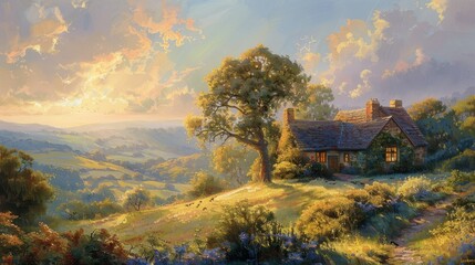Golden hour sunlight on peaceful countryside