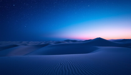 Night Landscape, with Desert Sand Dunes. Peaceful Modern Wallpaper with Blue Gradient Starry Sky 