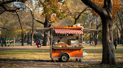 autumn in the park, with a hotdog cart, with copy space