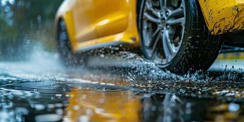 Striking photograph of a yellow car in motion through rainy conditions, showcasing water splashes and wet road, depicting movement, speed, and the raw energy of driving in the rain.