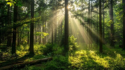 Obraz premium Sunlight streams through a dense forest, illuminating the green undergrowth and tall trees.