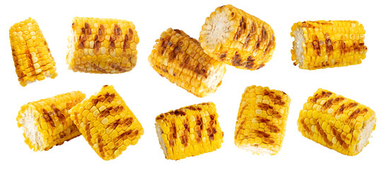 flying grilled corn isolated on white background. clipping path