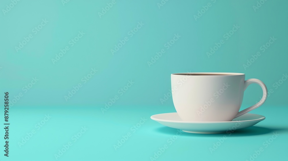 Poster A simple illustration of a white coffee cup and saucer on a light blue background.