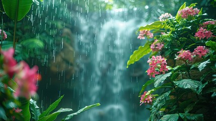 Defocused waterfall in lush green forest