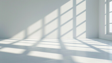 Abstract white studio background for product presentation. Empty room with shadows of window. Display product with blurred backdrop