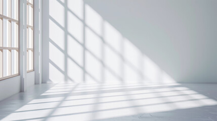 Abstract white studio background for product presentation. Empty room with shadows of window. Display product with blurred backdrop