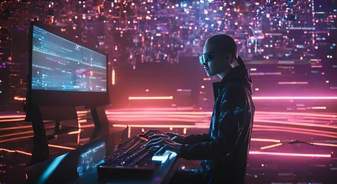 an inteligent people that worked with computer with hologram data background motion video, footage