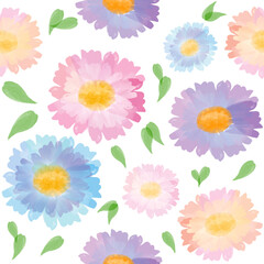Obraz premium Raster illustration of beautiful gentle seamless pattern with leaves, flowers of different pale pastel colors in a watercolor style for cards, wallpapers, textiles, wrapping paper, dishes, banners.