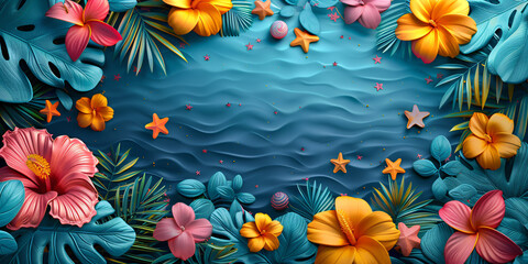 Vibrant tropical floral design with starfish and aquatic elements in a serene setting