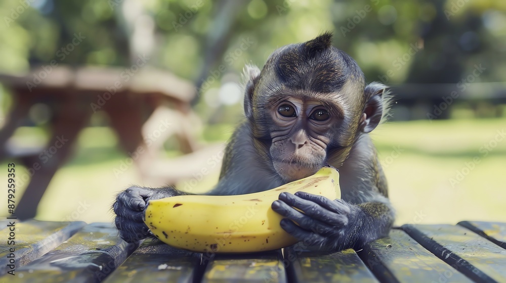 Canvas Prints A baby monkey sits on a wooden table and eats a banana.