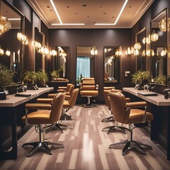 Obraz premium A modern hair salon interior with a row of comfortable chairs, large mirrors, and a variety