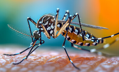 A mosquito is biting a person's arm. The mosquito is brown and black with white spots. The person is wearing a blue shirt