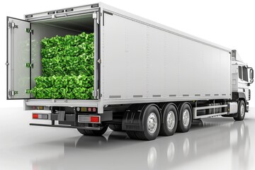 Large modern cargo truck with open back doors full of fresh green lettuce ready for